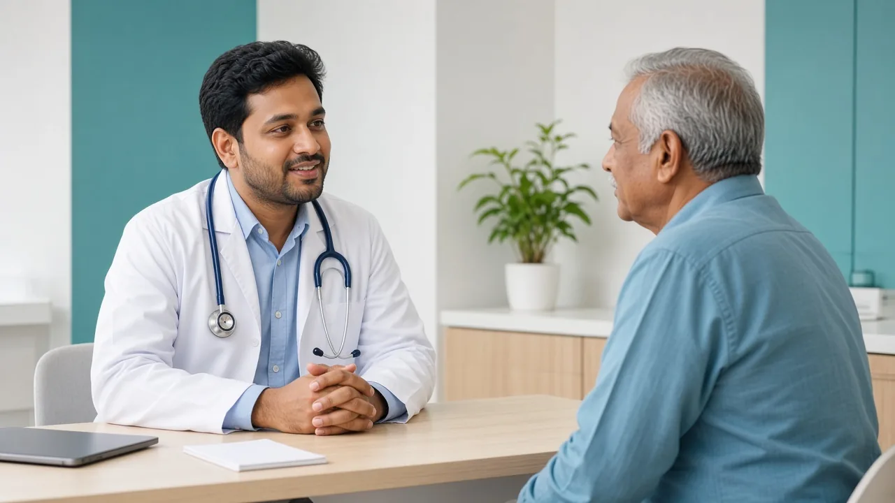A doctor in a clean clinic talking calmly with an older patient
