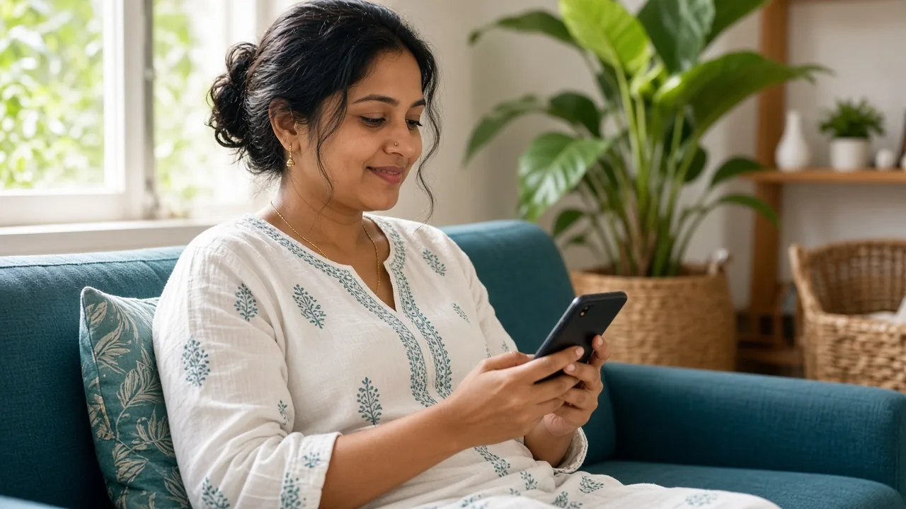 A woman relaxing on a sofa at home, booking a doctor's token on her phone