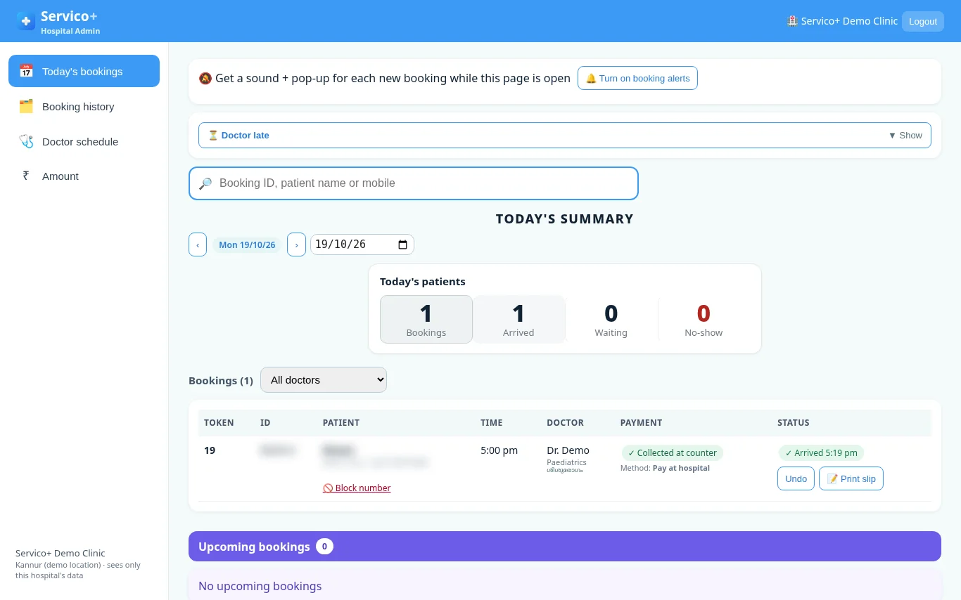 Screenshot of the Servico+ hospital admin panel on a laptop, showing today's bookings and summary